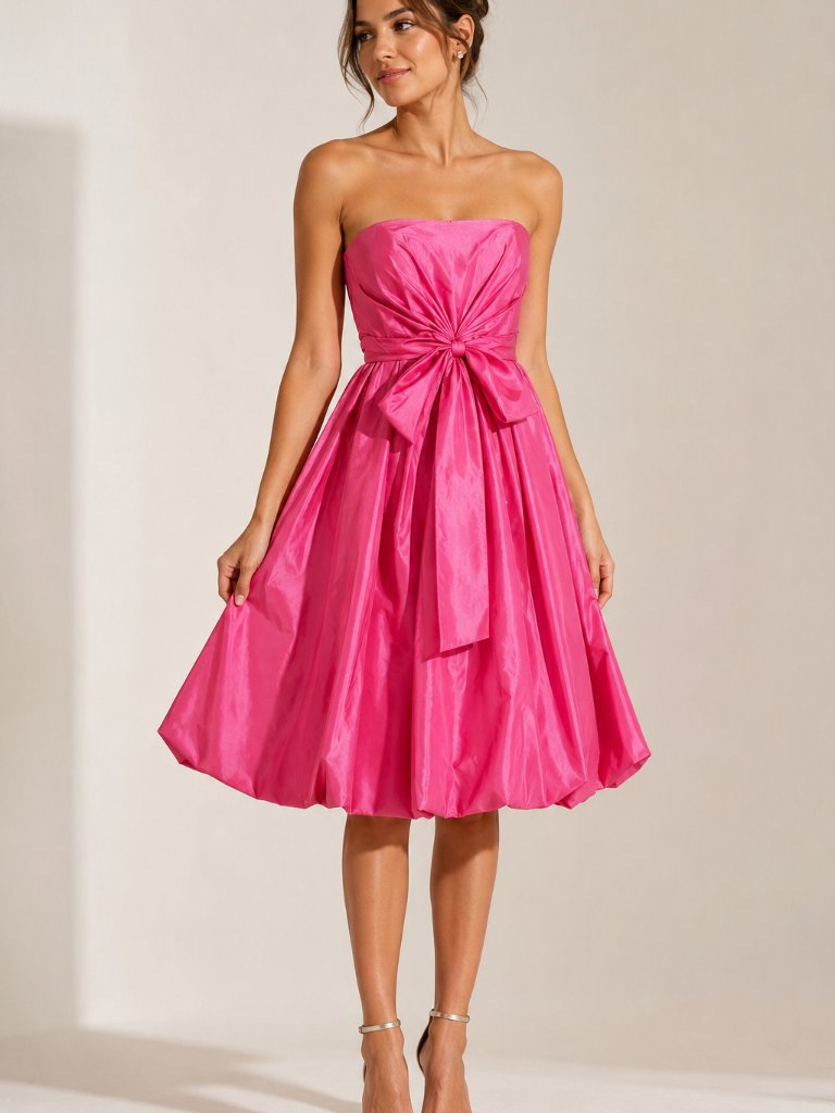 De Laru Collection Pink Strapless Dress Bow Bubble Hem Party Prom Barbicore